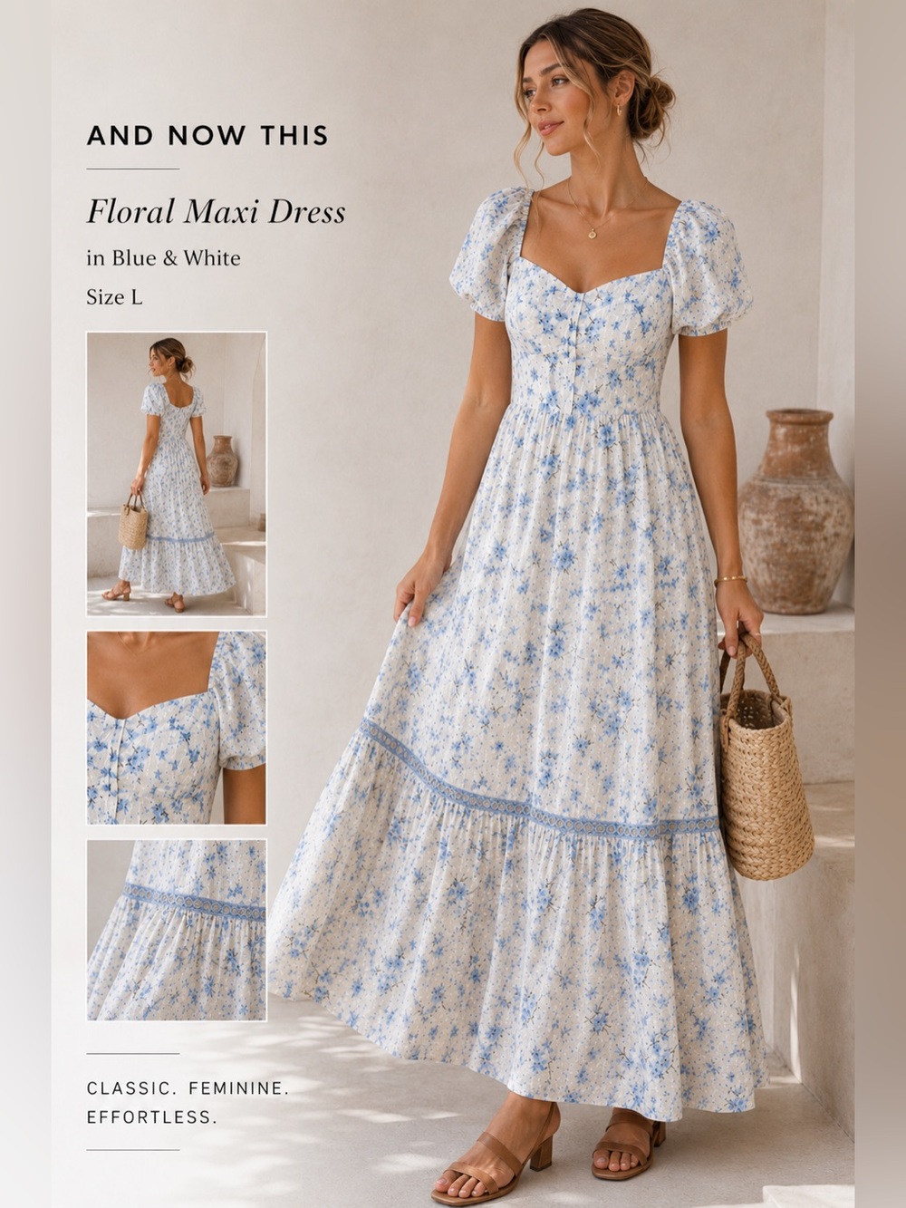 And Now This Floral Cottagecore Maxi Dress L Puff Sleeve Milkmaid White Blue B6
